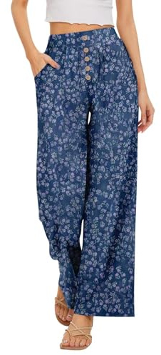Pantalon palazzo taille haute pour femme - Coupe droite - Imprimé floral bohème - Léger et respirant - Pour la plage et les vacances - Pantalon décontracté confortable et fluide avec poches