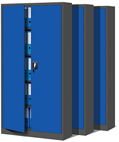 Jan Nowak 3er Set Aktenschrank C001 Metallschrank Stahlschrank Werkzeugschrank Büroschrank Lagerschrank Universalschrank Pulverbeschichtung Flügeltüren 185 cm x 90 cm x 40 cm (anthrazit/blau)