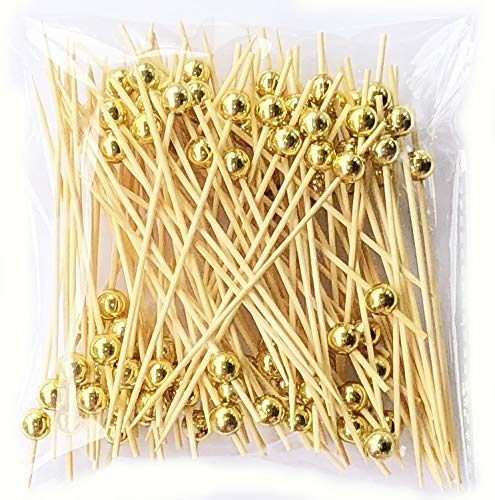 AILEXI Cocktail Sticks 100 Counts Wooden Toothpicks Party Supplies Frill Finger Food Fruits Sandwich Nibbles - Gold Pearls