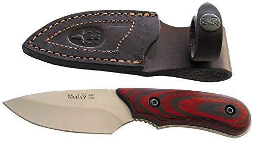 Muela Cuchillo Ibex IBEX-8.OL hoja de acero ACX-380 de 8 cm y empuñadura de madera coral para Caza, Pesca, Supervivencia y Bushcraft Realizado en Ciudad Real + Portabotellas de regalo