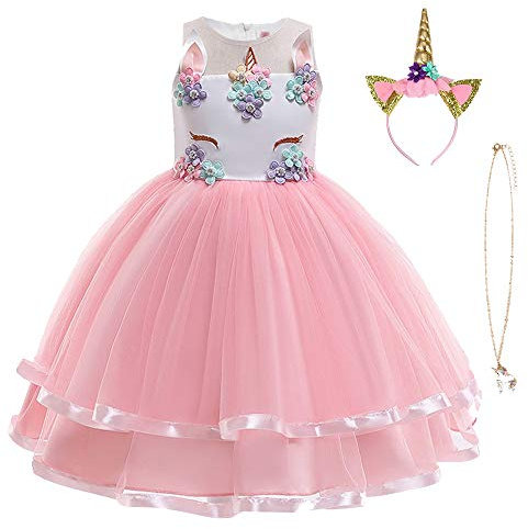 URAQT Mädchen Prinzessin Kleid, Mädchen Einhorn Cosplay Karneval Verkleidung Party Hochzeit Prinzessin Kleid mit Halskette und Stirnband, 140CM, Rosa