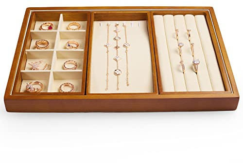 Oirlv Vassoio Portagioie In Legno Impilabile 4 In 1,Per Gioielli,Anelli,Orecchini,Bracciali,Collane,Organizer (Beige)