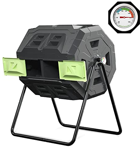 Compostador mejorado de 160 litros con termómetro de compost, contenedor de compostaje de jardín de doble cámara (verde)