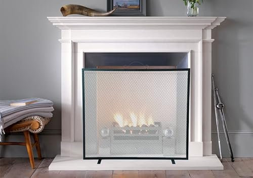 Vintage Decor ® Free Standing Flat Single Panel (76cm W X 70cm H) Wrought Iron Mesh Spark Protection Black Fire Screen Guard with Scroll Handle & Feet, Simple Practical & Heavy Duty