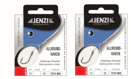 Set: 2 Packungen JENZI gebundene Allroundhaken Angelhaken (20 Stück), 50cm Hakengröße 4, 6, 8, 10, 12 & 14 je nach Auswahl + gratis Petri Heill! Aufkleber (Hakengröße 14)