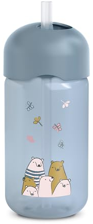Suavinex, Baby-Lerntasse, Becher mit weichem, flexiblem Silikonstrohhalm, mit Anti-Tropf- und Anti-Leck-System, spülmaschinenfest, mit Deckel, 340 ml, Babyflasche +18 Monate, Bears Blau