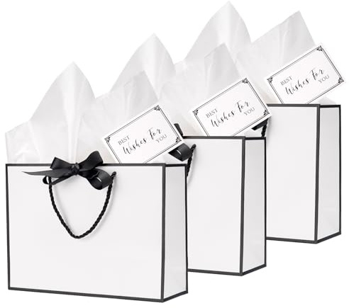 Medium Gift Bags for Presents - 3pcs White and Black Gift Bags for Birthday, Wedding, Party, Anniversary and All Occasions
