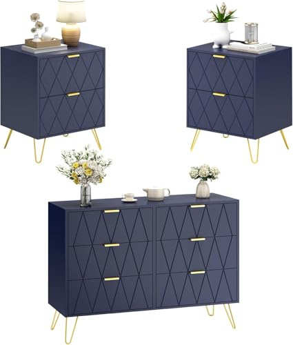 UEV Set di 3 Mobili per Camera da Letto, Cassettiera con 6 Cassetti e Set di 2 Comodini, con Maniglie e Piedini in Colore Oro, Scandinavo per Soggiorno, Camera da Letto (Blu)