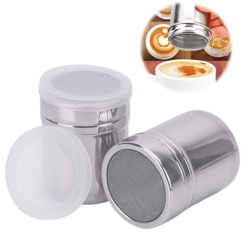 2 saleros de harina, azúcar, 7 onzas, acero inoxidable, coctelera de chocolate, azúcar glaseado, sal, cacao, harina, café, tamiz para manualidades de cocina