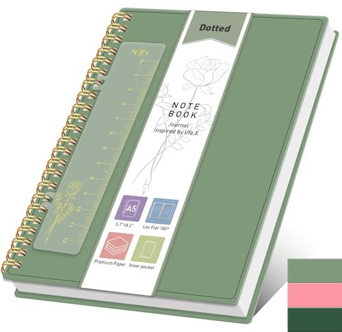 PYNEX Notizbuch A5 Punktmuster,Bullet Dotted Journal, Spiralnotizbuch,160 Blatt/80 Seiten zum Schreiben,100gsm, Mit Lesezeichen - Lineal, Innenfach und dickem 14.5 x 21cm - Salbei Grün