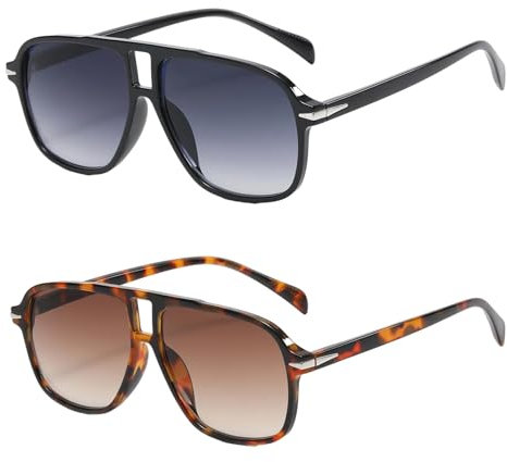 FveVqe 2Pcs Sunglasses Women for aviator, Retro Vintage Square, Sunglasses Men's Vintage 70s Pilot Style(Gradation Grey and Gradation Brown)