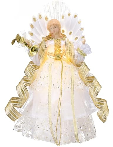 Valery Madelyn Ange de Noël - 26 cm - Décoration de sapin de Noël - Ange avec 10 lumières LED chaudes à piles - Blanc doré (M)