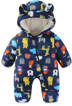 JiAmy Baby Toddler Snowsuit Winter Romper Suit, Baby Boys Girls Bear Hooded Footed Romper Snow suits Cartoon Zipper Jumpsuit Winter Outfits Clothes Navy 18-24 Months