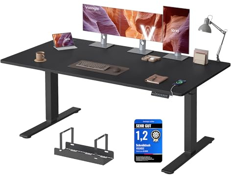 VASAGLE Höjdjusterbart skrivbord, 160 x 80 cm, USB-C-port, grenuttagshylla, stående bord, lång sittpåminnelse, 3 minnesknappar, för kontor, bläck svart LSD146BZ02