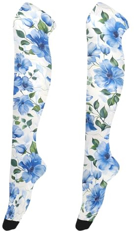 OWFKAY Klematis blå blommor kvinnor lårhöga strumpor knähöga strumpor långa strumpor över knäet benvärmare mjuka
