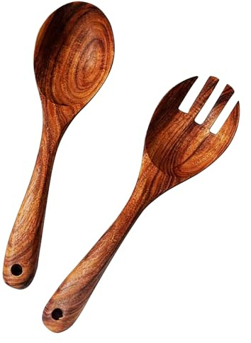 2PCS Posate da Insalata, Posate da Insalata in Legno di Ulivo per Servizio Elegante, Stoviglie in Legno Naturale con Cucchiaio da Insalata e Forchetta da Insalata in Legno per Uso Quotidiano