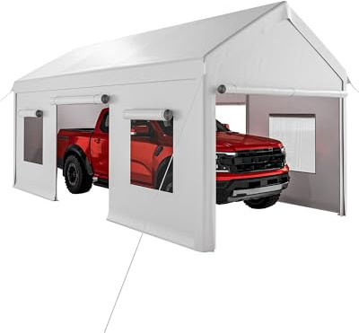 10x20 ft Heavy Duty Carport with Removable Sidewalls, Waterproof Outdoor Garage Tent for Cars/Trucks/Boats, Portable Storage Shelter with Roll-Up Windows & Doors