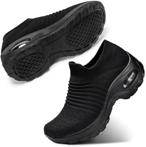 STQ Scarpe Lavoro Donna Senza Lacci Slip on Antiscivolo Arch Support Ortopediche Sneakers Comode Palestra Ginnastica Fitness Platform Traspiranti Tutto Nere 42 EU
