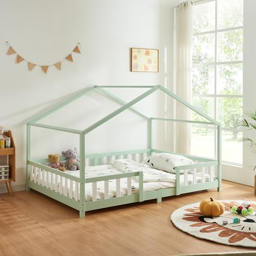 [en.casa] Kinderbett Treviolo Hausbett 90 x 200 cm Holzbett für Kinder mit Rausfallschutz Montessori Bettgestell mit Lattenrost Kiefernholz Mintgrün/Weiß