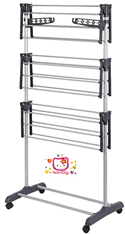 Etendage à Linge Séchoir à Linge etendoir linge interieur Séchoir à vêtements 3 étages 4 Roues Ailes latérales Tubes en Acier Inoxydable Stockage Inferieur pour Chaussures(72*56*152cm (Gris))