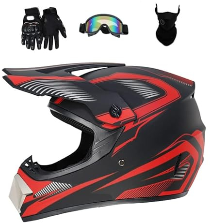 Senhill Casco DOT da motocross ATV Offroad Dirt Bike unisex per giovani con Guanti Occhiali Maschera (Rosso, L)