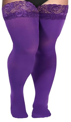 Moon Wood Plus Size Thigh High Stockings Women Sexy Lace Semi Sheer Stay Up Lingerie Thigh Highs Stockings Violet