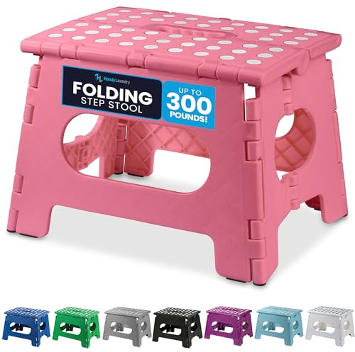 Handy Laundry Folding Step Stool for Adults & Kids, 9 Inch Sturdy Plastic Step Stool Foldable with Handle, Non-Slip, 300 lb Capacity, Lightweight & Compact for Kitchen, Bathroom, Bedroom, Pink