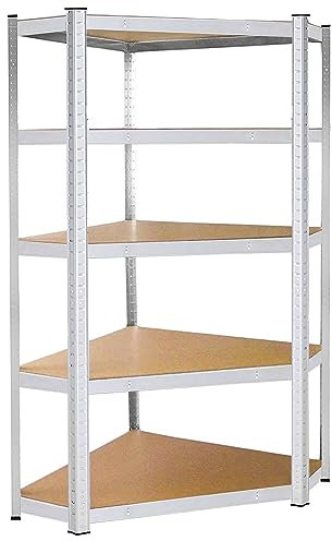 SPRINGOS Scaffale Angolare in Metallo 124x180x90 cm, 5 Ripiani MDF resistenti, Scaffale Pesante, Per Garage, Cantina, Magazzino, Solido, Facile da Montare