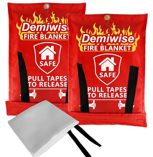 Demiwise 2-pack brandfilt – stor glasfiber brandskydd filt – brandfiltar nödsituation för människor – brandsäkerhetsfilt med nödvisselpipor – öppen filt för kök, hem