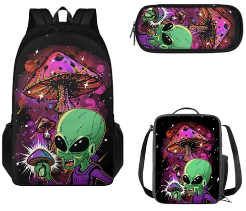 Tomeusey Ensemble de 3 sacs à dos d'école décontractés pour filles et garçons, sac à dos de voyage avec sac à déjeuner isotherme et trousse à crayons de grande capacité pour enfants, Champignon