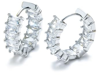 Mesovor Pendientes de Aro de Plata con Circonita Cúbica para Mujeres y Niñas, Pendientes de aro Chapados en Plata, Joyería para Fiesta de Graduación (Blanco)