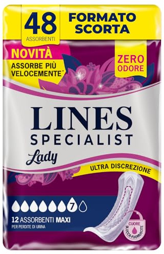 Lines Specialist Lady Maxi Compresas Incontinencia Mujer con Tecnología Zero Olor y Barreras Laterales Protectoras - Paquete de 4 Paquetes de 12 Unidades