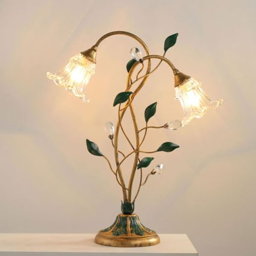 Jadssox glas Blomma bordslampa vintage guld sängbordslampa kristall Nattduksbord Lampor lantlig stil Skrivbord Nattbordslampor med grönt blad för sovrum Vardagsrum heminredning