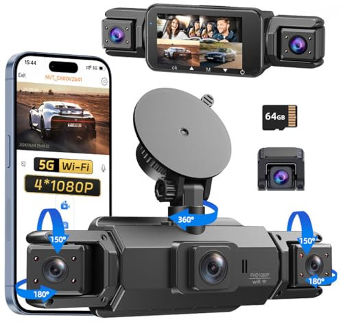 4 canales Dash Cam para coches, 4 cámaras 1080p grabación simultánea, WiFi App 360 grados protección panorámica WDR, frontal interior lateral y cámaras traseras, lente giratoria IR visión nocturna