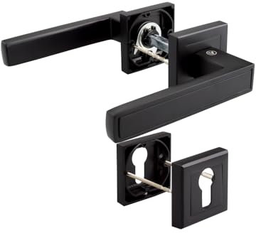 VERAMET Poignée de porte - Noir mat - Rectangulaire - Poignée de porte - Poignée de porte avec rosace avec trou cylindrique - Poignée de porte PZ - Cylindre profilé