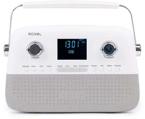 Roxel Retro D2 DAB et FM Radio - Haut-parleur BT sans fil 5 W, lecture USB, AUX, réveil, 30 stations préréglées, design portable, batterie rechargeable, antenne télescopique, écran LCD (blanc)
