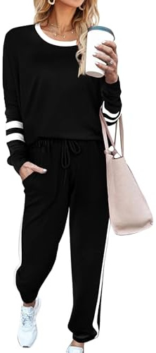 Desol Lounge Wear Sets for Women uk Airport Outfits Coord Long Sleeve Shirt with Pant Suits Tracksuit Sweatsuit Casual Black XL
