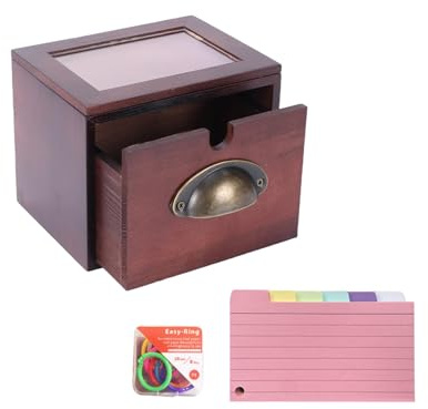 ZoeQide Cassetta per schede in legno con finestra – Scatola per schede in legno con 150 schede educative colorate e 8 anelli, stabile scatola vocabolario e organizer per schede