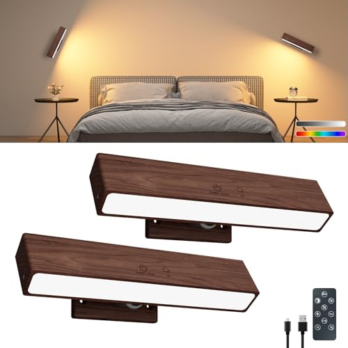 DetarZinLED Lamparas Pared sin Cable Recargable Madera de Haya 2 Pack | Control Remoto/Táctil, Adhesiva/Magnética, 360° Giratoria, 3 Modos+RGB, Brillo Ajustable, Aplique para Dormitorio, Lectura
