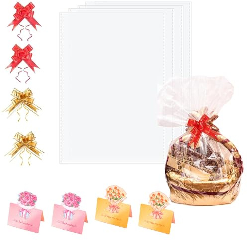 EUYKQNOI 4 Pcs Bolsas de Celofán Grandes +4 Tarjetas de Felicitación, 50x70cm Bolsas Transparentes de Canasta, Bolsas de Regalo con Lazos para Cestas, Flores, Manualidades y Ramos de Navidad