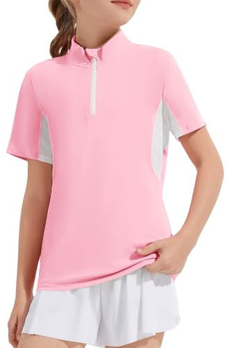 Hvididan Girls Short Sleeve Quick Dry Shirt Horse Riding Quarter Zip Equestrian T-Shirt for Girls Kids Activewear Pink Size 13-14