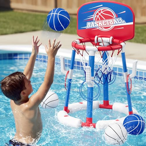 HYES Canestro da Basket per Piscina, Canestro Piscina Galleggiante con 4 Palline e Pompa, 8 Anelli, Set da Canestro Basket Giochi Acqua Piscina per Bambini e Adulti, Rosso