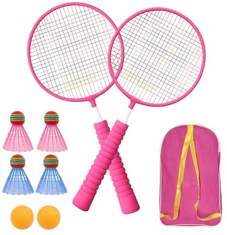 Kids Badminton Set, 1 Pair Kids Badminton Racket, Includes 2 Pink Rackets, 4 Shuttlecocks, 2 Ping Pong Balls and 1 Storage Bag, Kid and Teenager Friendly, Great for Indoor and Outdoor Play (Pink)