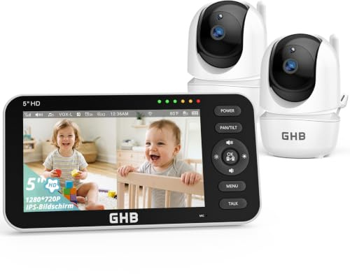 GHB Baby Monitor Video e Audio 5'' con 2 Telecamere, 720P IPS Schermo, 168 Ore di Autonomia, 350°/110° Videocamera Notturna Visione Comunicazione Bidirezionale Ninne Nanne, VOX