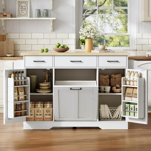 KOMHTOM Ilot Central Cuisine avec Poubelle Intégrée Desserte Rangement 3 Tiroirs Plan Travail Rabattable Chariot Roulant Blanc Bois(120cm Poubelle Blanc)