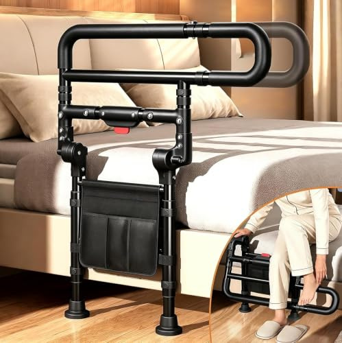 NJUN Barrière de lit pliable pour personnes âgées, avec poche, réglable en hauteur et en largeur, noir, aide au lever du lit pour personnes âgées, femmes enceintes et mobilité réduite