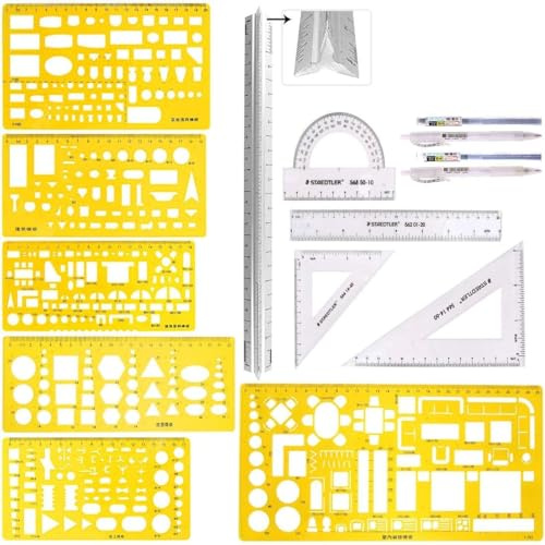 Swpeet 12Pcs Plastic Yellow Geometric Drawings Templates Kit, 6 Different Geometric Measuring Drawings Templates Stencils with 2Pcs Pencil and 5Pcs Measuring Ruler for Drawing Engineering Drafting