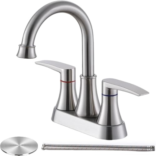 Brushed Nickel Bathroom Faucet, 2-Handle Lead-Free 360° Swivel High-Arc Spout 4 Inch Centerset Bath Lavatory Vanity Sink Faucets Set for Sinks with Drain & Water Hoses, VABM80008L
