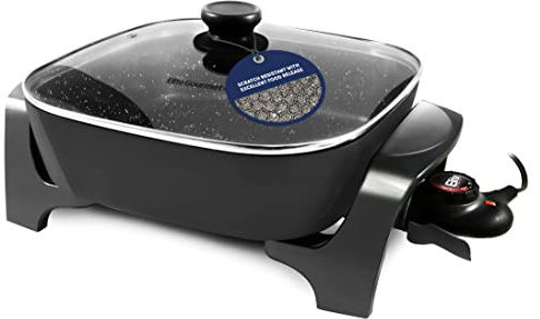Elite Gourmet EG6201 Extra Deep 12x12x3.2 (7.5Qt.) Scratch Resistant Dishwasher Safe, Non-stick Electric Skillet with Glass Vented Lid, Adjustable Temperature, Black