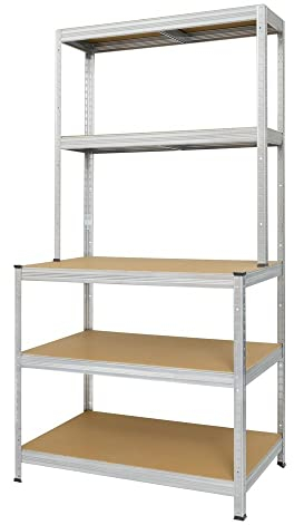 Steinbock Werkbankregal verzinkt - 1.200 kg Tragkraft - HxBxT 195 x 100 x 60 cm - Steckregal mit 5 Böden - 300 kg Fachlast unten - 150 kg Fachlast Oben - Schwerlastregal mit Werkbank
